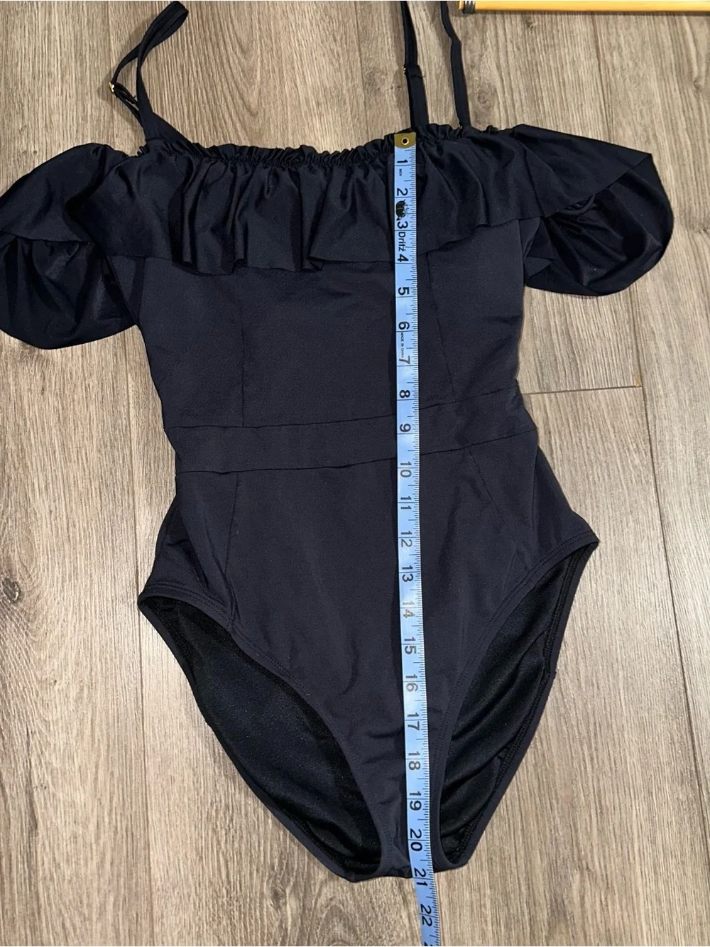Black Swimsuit Shirred Bandeau Ruffle Removable Straps